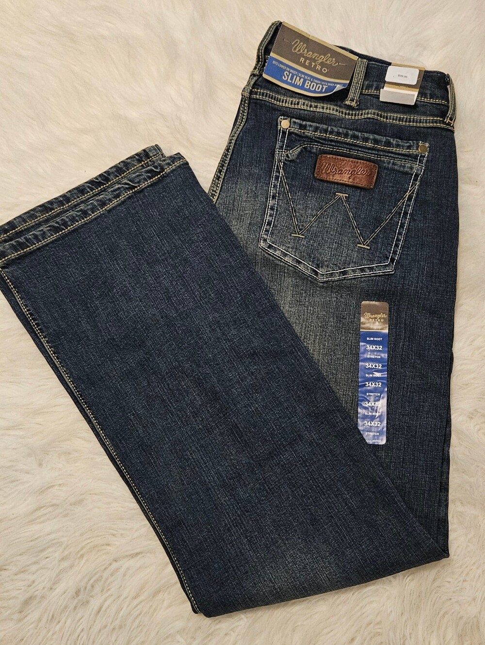 Wrangler Slim Boot Jeans - Dark Blue Denim with Brown Patch